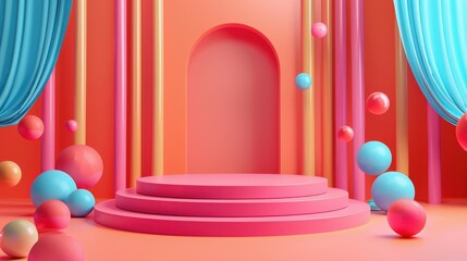 Cute 3D Blender of a festive stage at the Edinburgh Festival Fringe, ready for a performance, bright background with space for text, minimal, bright style