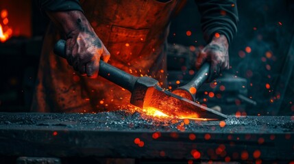 Poster - A man is working with a hammer and anvil, creating sparks and heat