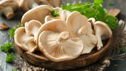 Wall Mural - Fresh oyster mushrooms on wooden plate with parsley, Eating Vegetarian Food Natural