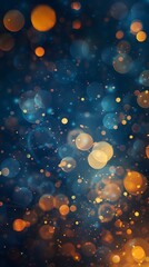 Abstract blurred background with bokeh lights in dark blue and yellow colors