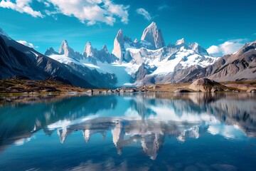 Fantastic landscape with snow-capped mountains reflected in lake