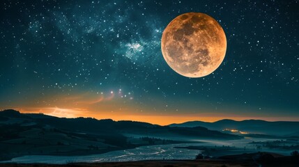 Wall Mural - a large red moon is in the sky above a field