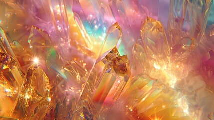Glittering gold light waves fall on crystals with rainbow waves in the center, creating a shimmering background.