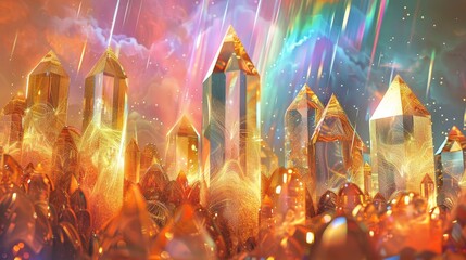 Crystals with rainbow waves in the center are illuminated by shimmering waves of glittering gold light in the background.