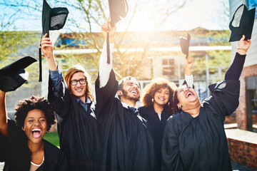 Wall Mural - Graduation, success and students at university celebration with education, arms raised and achievement. College, graduate and excited people at campus event with knowledge, smile and happiness