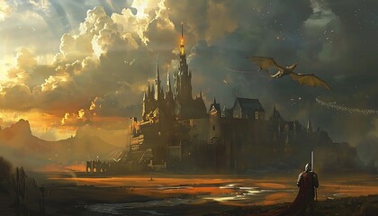Fantasy landscape with a knight on the background of the castle.