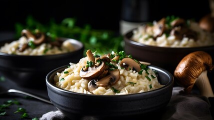 Close up view of appetizing mushroom risotto. 