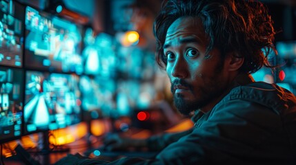 Poster - Man Working at a Computer in a Control Room With Blue Lights