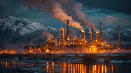 Wall Mural - Photo: industrial plant with smokestacks at twilight, set against snow-capped mountains. Lights illuminate the plant, reflecting in water.
