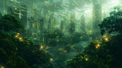 Poster - lively forest canopy intertwined with interactive infographics and data visualizations symbolizing