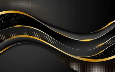 Poster - Black background with golden wavy lines, in the style of a illustration, flat design, using dark black and light gold colors