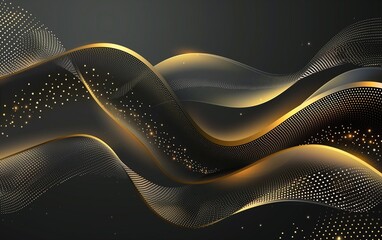 Poster - Black background, golden gradient wave elements with dots and lines, illustration style, dark black color scheme, high-end atmosphere, high-definition resolution.