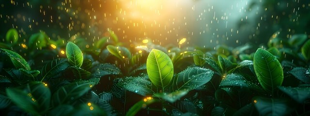 Poster - Lush Foliage Cascading Over Futuristic Financial Landscape Representing Eco Conscious Investments