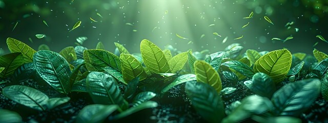 Poster - Lush Green Leaves Cascade Over Futuristic Financial Landscape Representing Eco Conscious Investments