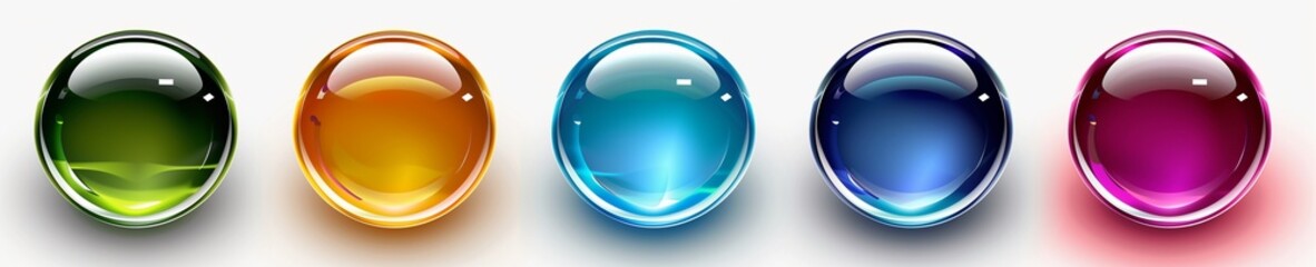 Poster - 5 colored glass buttons on a white background, with a realistic and detailed rendering style in the style of hyperrealism.