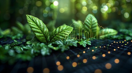 Poster - Lush Leaves Intertwined with Financial Data Visualizations Symbolizing Sustainable Economic Growth