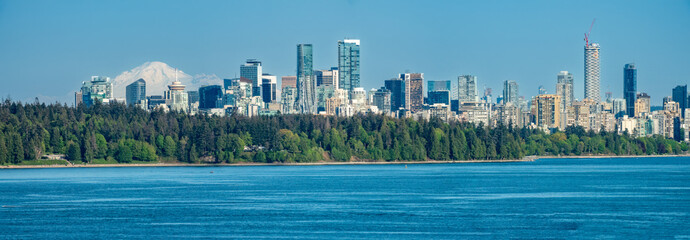 Canvas Print - Skyline of Vancouver with Mount Rainier in the background and Stanley Park in the foreground, British Columbia, Canada