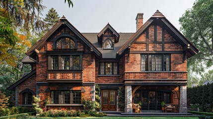 Wall Mural - Tudor house with a striking red brick exterior and elegant wooden beams