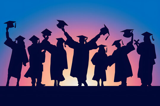 Cheerful graduate students with diploma and academic caps, silhouette. Graduation at university or college or school. Vector illustration.