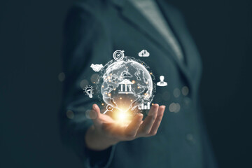 Poster - Businessman holds virtual globe in hand with business icons Application technology for internet connection around the world and digital marketing Market link technology, big data tools, finance