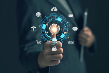 Poster - Businessman scans fingerprint to access banking app. Concept of setting up cyber security protection system. Protection of financial transaction data.