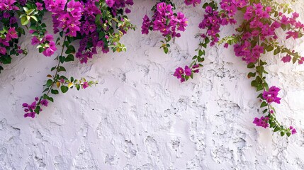 Purple bougainvillea on white wall with texture, flower background