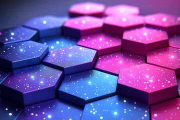 Wall Mural - This stunning 3D render features a mesmerizing array of hexagon tiles transitioning from pink to blue gradients, with each tile's surface punctuated by tiny glowing dots