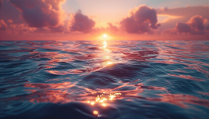 3D rendering of the sun setting over an ocean with gentle ripples on its surface. Created with Ai
