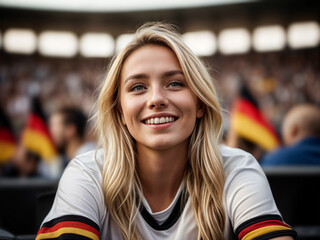 Wall Mural - Happy football fan girl cheers for Germany national team. German soccer enthusiast woman celebrating victory in the stands at the stadium