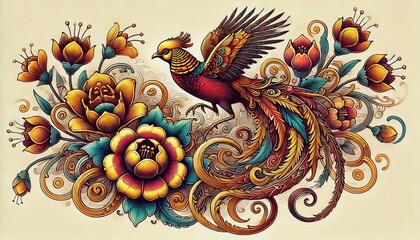 Wall Mural - An intricate and vibrant illustration featuring a Golden pheasant bird-of-paradise and a variety of elaborately designed flowers