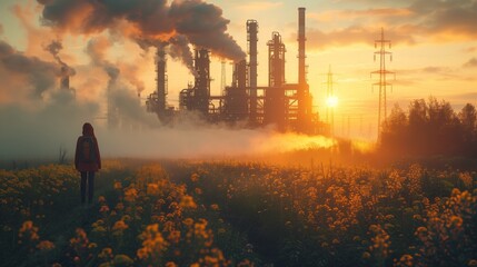 Wall Mural - Industrial plant with smoke against sunset, lone figure walks in wildflower field.