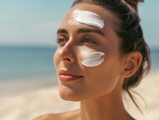 A woman is applying sunscreen on her face while standing on a beach