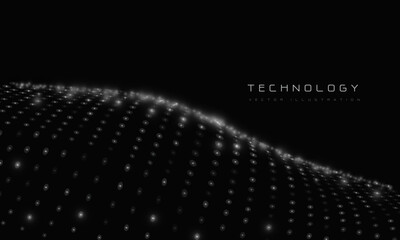 Poster - Abstract white particle mesh flow wave dot digital data structure grid pattern point visualization technology vector