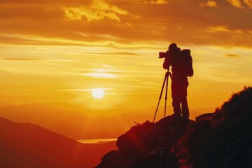 Wall Mural - Photographer silhouette against sunset background.