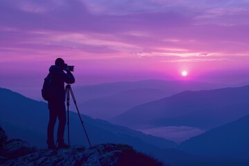 Wall Mural - silhoutte of photographer with him camera in mountains and beautiful purple sunset