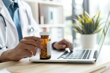 Sticker - A person working from home on their laptop, with a bottle of medicine nearby