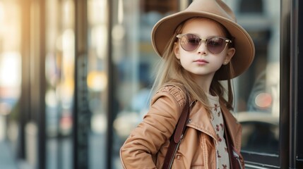A little girl dressed in trendy, modern clothing and accessories, posing confidently with a stylish handbag or sunglasses