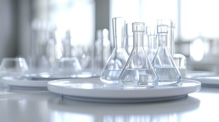 Science laboratory chemical beaker, Erlenmeyer and round flask lab glassware equipment. Research and development concept