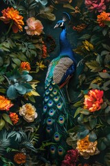 Poster - A colorful peacock sitting amidst lush flowers and leaves