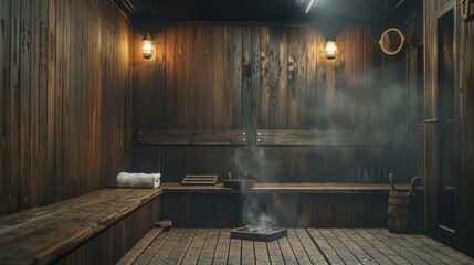 Poster - A person relaxing on a bench in a wooden room with a steam bath