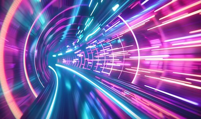 Poster - Abstract High-Speed Data Transfer Tunnel with Pink, Blue, and Green Neon Waves and Glare Lights for Sci-Fi Background