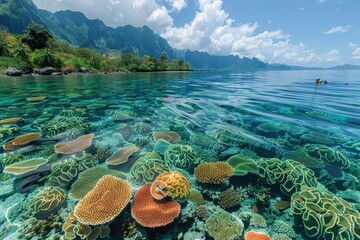 Wall Mural - A person snorkeling in crystal-clear water, surrounded by vibrant coral reefs and tropical fish. 