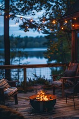 Wall Mural - A cozy outdoor setting with a fire pit and wooden decking, suitable for backyard gatherings or camping trips