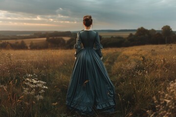 Poster - A woman in a blue dress stands in a field, a peaceful scene