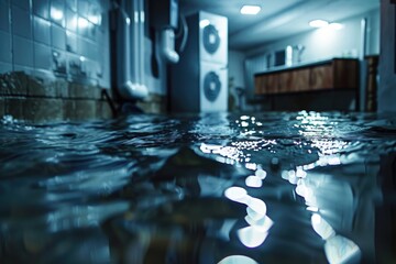 A photo of a flooded bathroom with a sink and mirror