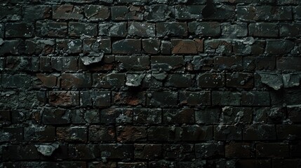Poster - A black brick wall with a red fire hydrant at its base, ready for emergency use
