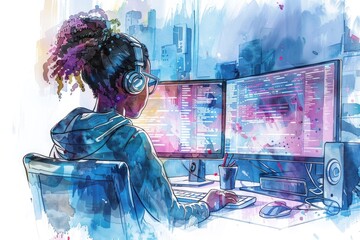 Wall Mural - Woman sits at desk with two computer monitors, typing away