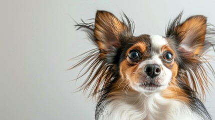 Wall Mural - Energetic Papillon Dog with Perked Ears on White Background