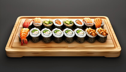 Wall Mural - Wooden board with delicious nigiri sushi isolated on dark background