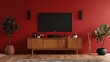 © dee-nesia - black tv screen on red wall living room interior design, with wooden tv table with soundbar